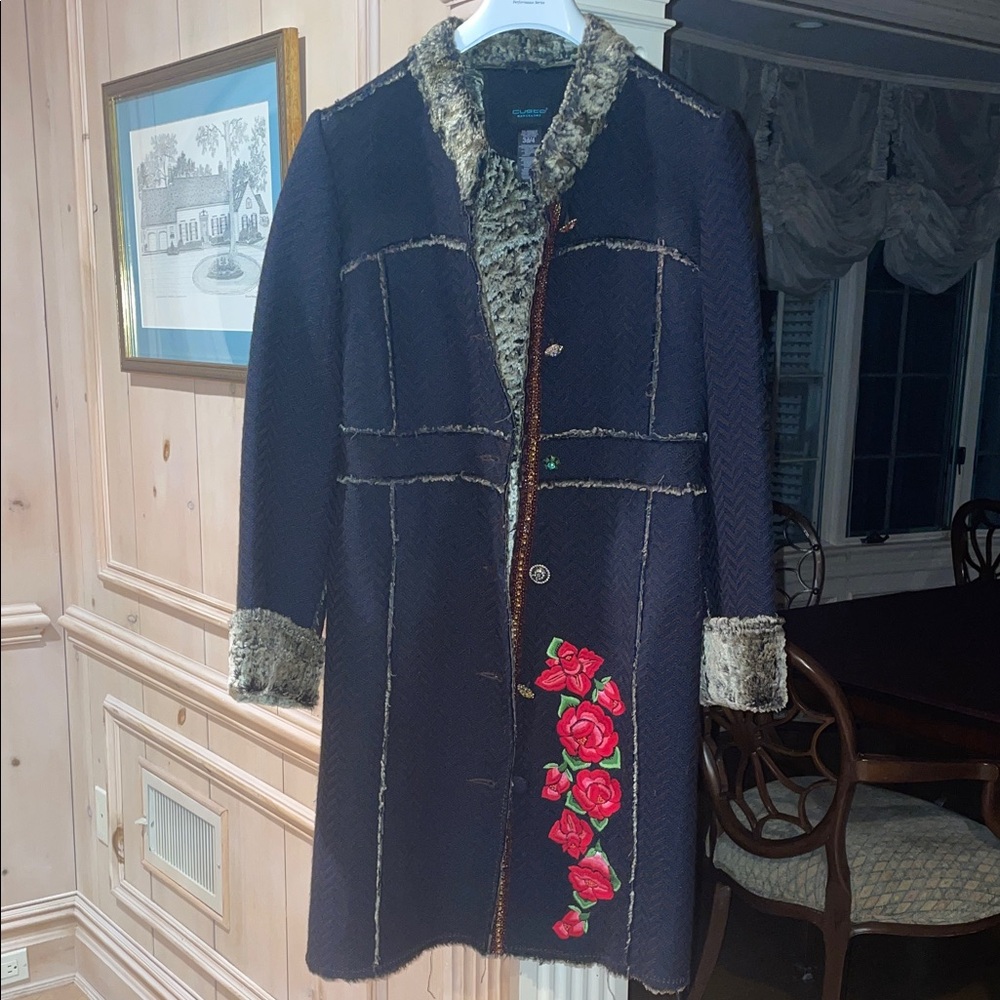 Custo Barcelona Black Coat with Red Floral Accents and rhinestone button.